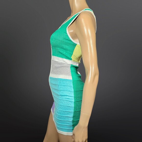 Y2K Colorblock Knit Bodycon Mini Dress Size S Colorful Sleeveless Yellow White - Picture 5 of 8